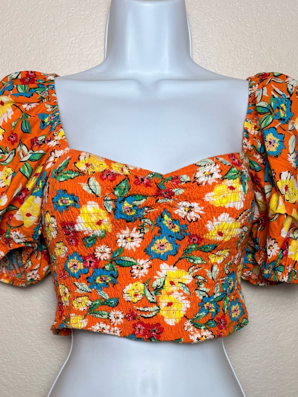 Zara Orange Floral Smocked Puff-Sleeve Crop Top - Multicolor Print